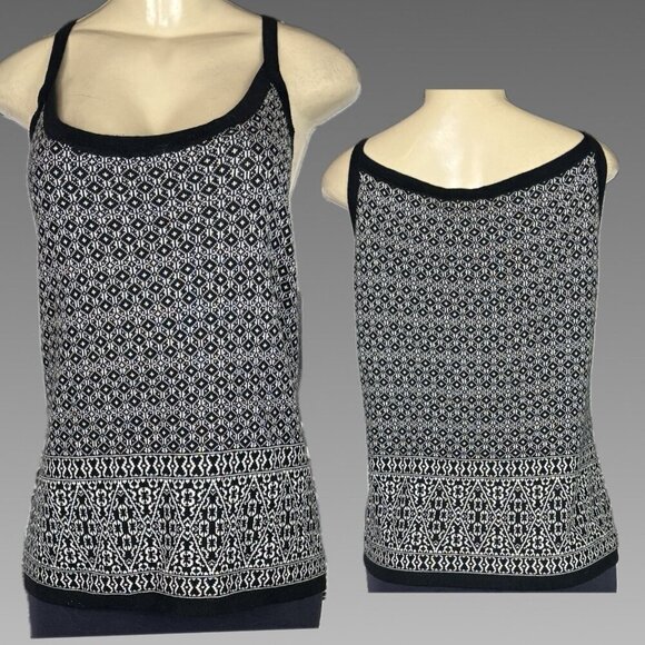 Kial XL Black Geometric Tile Print Scoop Neckline Cotton Blend Strappy Tank Top - Picture 1 of 6
